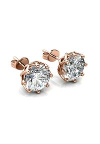 Orecchini a bottone in oro rosa con pietre rotonde e trasparenti, tagliate a faccette e incastonate in un design sicuro a sei griffes, che riflettono la luce e aggiungono brillantezza.