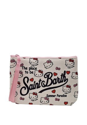 Piccola pochette con cerniera rosa, decorata con facce di Hello Kitty, cuori rossi e la scritta "The place to be Saint Barth Summer Paradise".