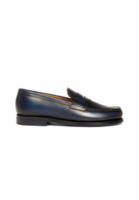 Navy leather loafer with a traditional penny slot design. Features a smooth finish, rounded toe, and a low-profile black rubber sole.