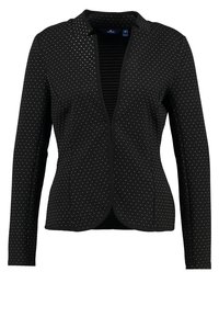 Černý blejzr s dlouhými rukávy, s texturovaným vzorem stříbrných teček a přiléhavým střihem. Otevřený přední díl bez zapínání.