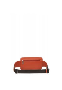 Marsupio in pelle arancione con tasca anteriore con cerniera, cinturino regolabile marrone e texture liscia. Forma rettangolare con linee pulite.