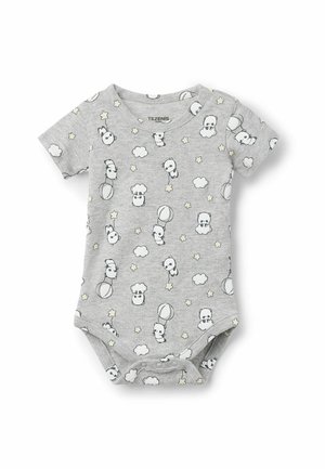 Body in cotone grigio per neonati con maniche corte, caratterizzato da una stampa giocosa di panda, stelle e nuvole, con chiusura a scatto sul fondo.