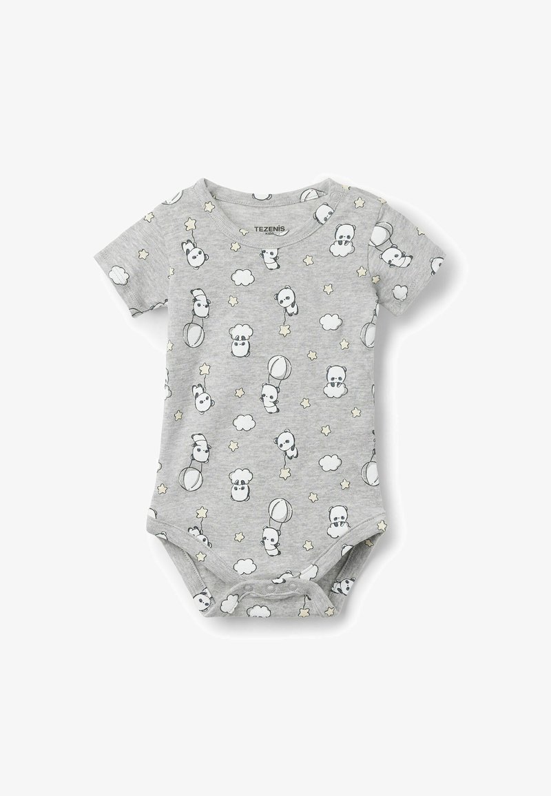 Grauer Baumwoll-Strampler für Babys mit kurzen Ärmeln, verziert mit einem verspielten Panda-Motiv, Sternen und Wolken, mit Druckknopfverschluss am Boden.