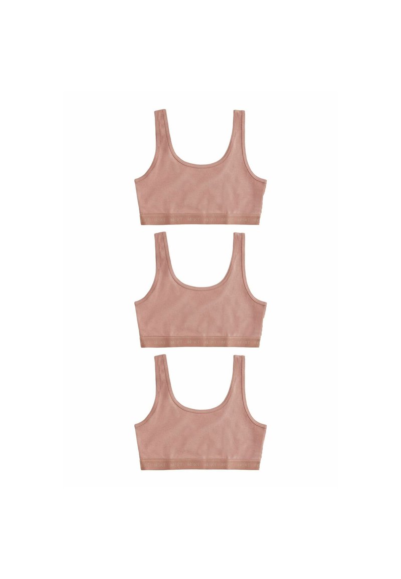 Set di tre bralette morbidi e senza cuciture in una delicata tonalità rosa polveroso, caratterizzati da spalline larghe e una banda a coste nella parte inferiore.