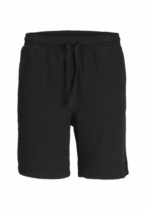 Shorts noirs en tissu texturé, dotés d'une taille élastique avec cordon de serrage et d'une coupe décontractée.