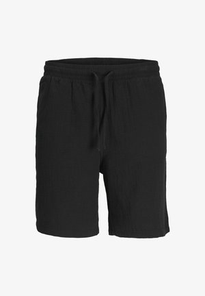 Black shorts made of textured fabric, featuring an elastic waistband with a drawstring and a relaxed fit.