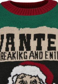 Stickad tröja med grön kropp, röd krage och svarta detaljer med texten "EFTERLYSES: Inbrott och stöld." Grafisk bild av tomten längst ner.