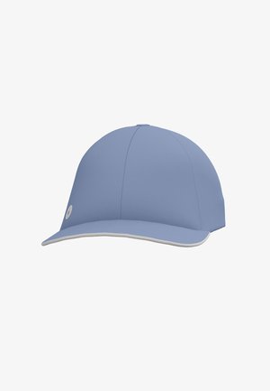 Blue cap with a rounded crown and a curved brim, featuring a gray underside and a small logo on the front. Smooth fabric texture.