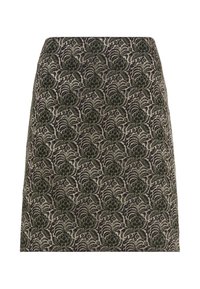 Kuosiskirt, jossa on musta pohja ja vihreitä sekä valkoisia kukkakuoseja. Suora malli, teksturoitu kangas monimutkaisella kudonnalla.