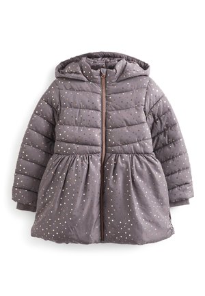 Manteau matelassé gris foncé pour enfants avec capuche, fermeture éclair à l’avant et petit motif d’étoiles dorées et argentées partout.