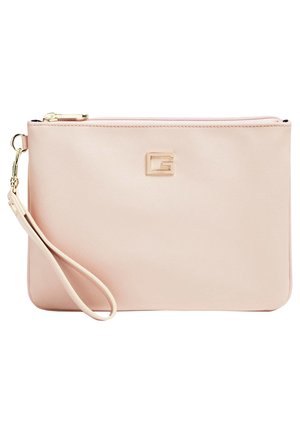 Pochette bracelet rose clair avec fermeture éclair dorée, bracelet poignet et emblème carré doré du logo au centre avant.