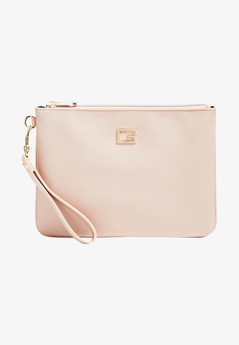 Pochette bracelet rose clair avec fermeture éclair dorée, bracelet poignet et emblème carré doré du logo au centre avant.