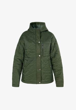 Grüner gesteppter Pufferjacke mit Kapuze, Frontreißverschluss-Tasche, Druckknöpfen und strukturiertem Diamantmuster auf dem Stoff.