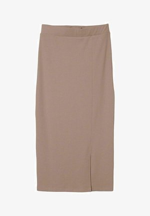 Falda de punto hasta la rodilla en un suave color beige, con una apertura lateral y una amplia cinturilla elástica para mayor comodidad y facilidad de uso.