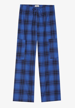 Blauwe geruite broek met een trekkoord in de taille, brede benen en twee zijzakken met een zwart ruitpatroon.