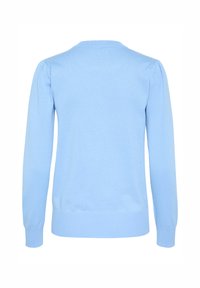 Hele sinine kootud sviiter pika varrukaga, sooniku mansetid ja äär, ning ümar kaelus. Omab õrna tekstuuri üle kogu pinna.