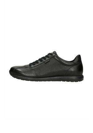 Schwarze Leder-Sneaker mit runder Zehenpartie, Schnürdesign und minimalistischem Stil. Verfügt über eine flexible Gummisohle und eine glatte Oberfläche.