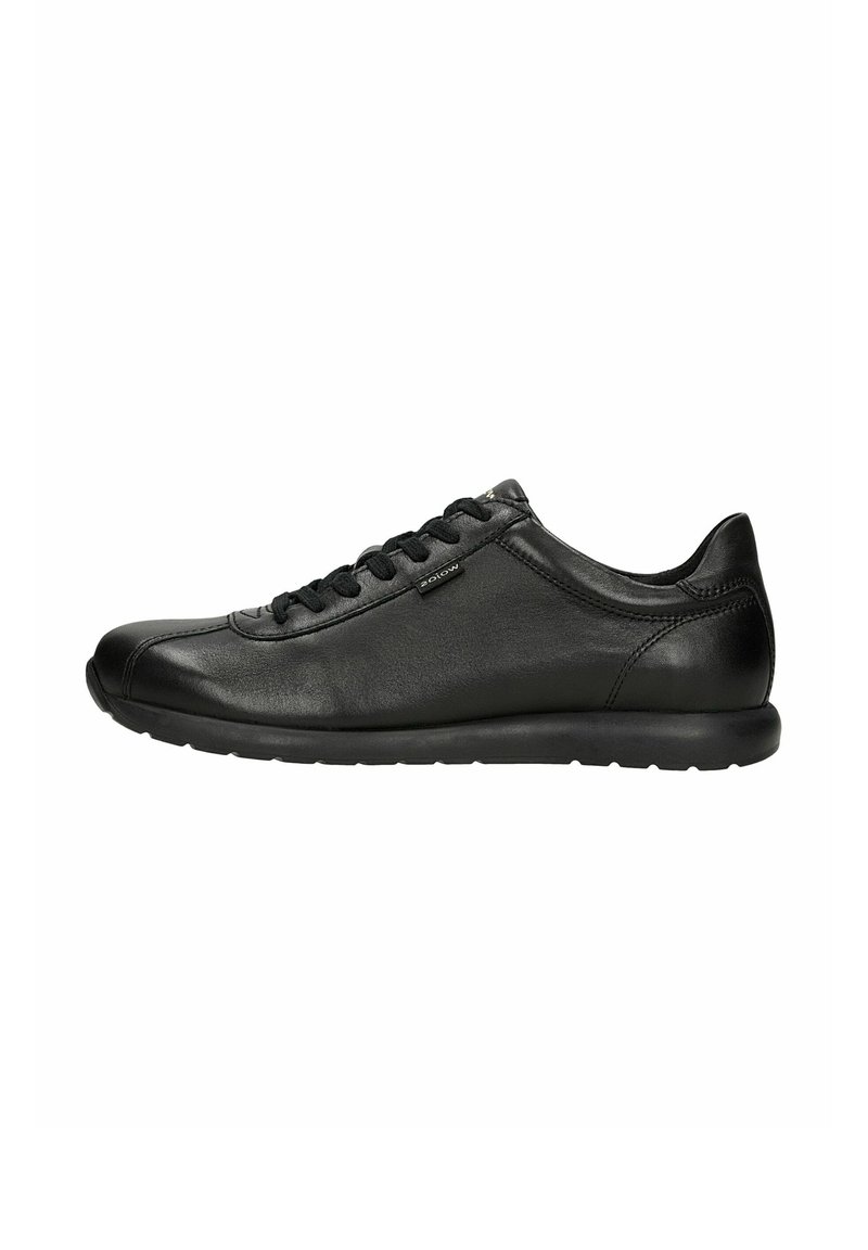 Sneaker in pelle nera con punta arrotondata, design con lacci e stile minimalista. Presenta una suola in gomma flessibile e una finitura liscia.