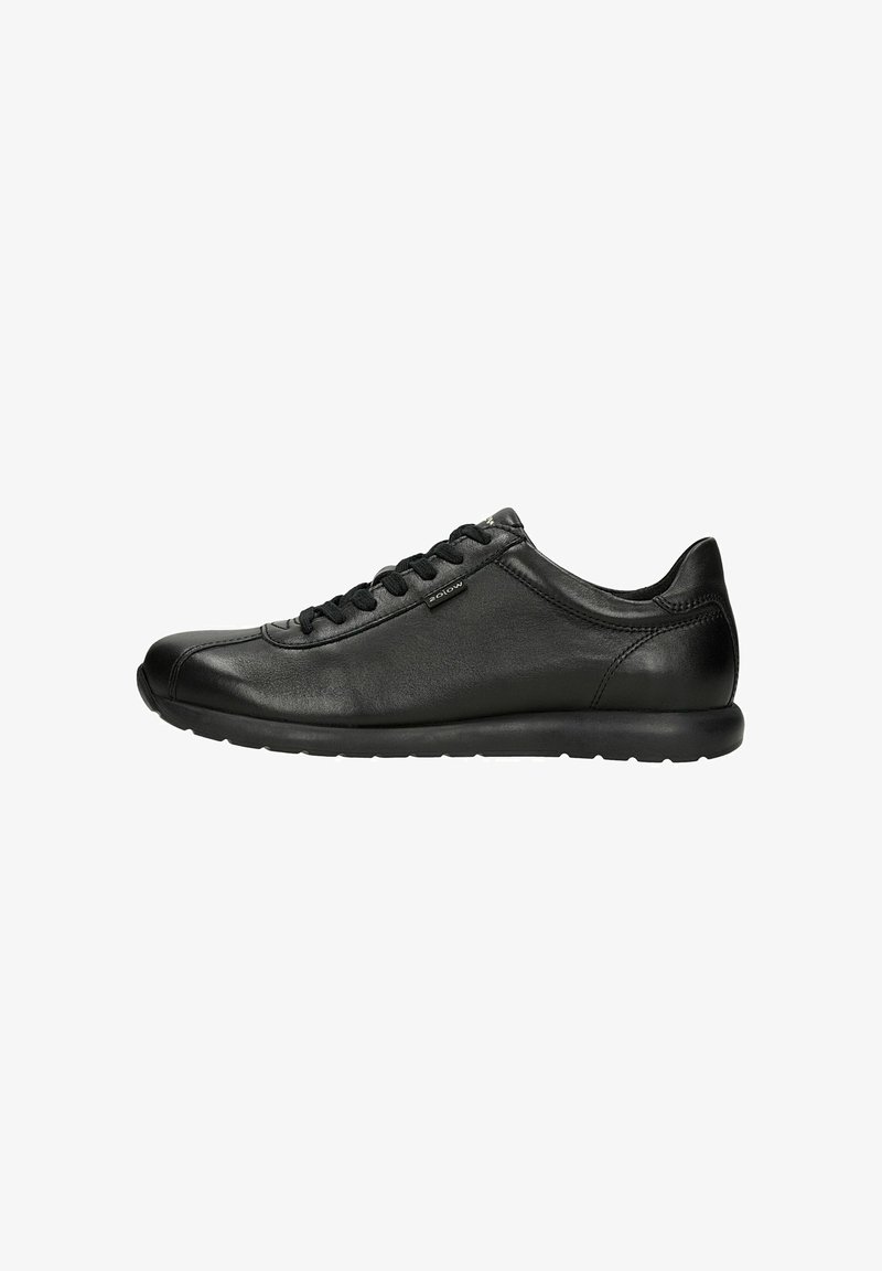 Schwarze Leder-Sneaker mit runder Zehenpartie, Schnürdesign und minimalistischem Stil. Verfügt über eine flexible Gummisohle und eine glatte Oberfläche.