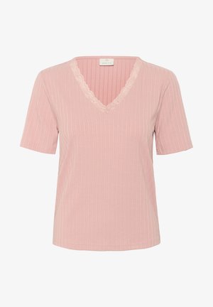 Lyserød kortærmet T-shirt med V-udskæring, der har blonder og ribbet tekstur. Fremstillet af blødt, strækbart stof.