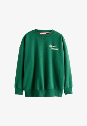 Groene sweatshirt met een ronde hals en lange mouwen. Voorzien van geborduurde tekst "Rockin' Around" in het wit op de voorkant. Zachte stoftextuur.