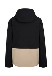 Schwarze und beige Kapuzenjacke mit glattem, wasserabweisendem Material, versehen mit einem Logo im unteren Rückenbereich und einem Farbblockdesign.