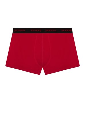 Rote Boxer-Shorts aus softem, dehnbarem Stoff, mit einem schwarzen Bund, der das "yamamay"-Logo trägt, und einem zentralen Hosenschlitz.