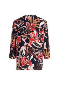 Bloemenblouse met een marineblauwe achtergrond, versierd met grote rode, roze en beige bloemen. Lange mouwen met elastische manchetten, comfortabele pasvorm.