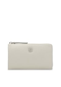 White leather wallet with a smooth texture, featuring a silver logo accent and a zip closure along the top edge. Secured stitching detail.