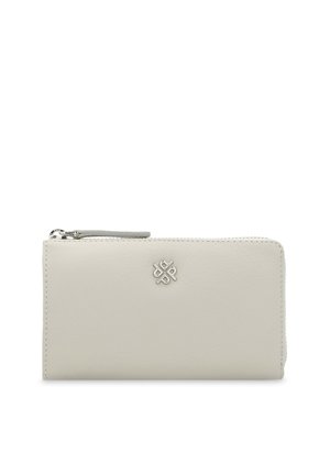 White leather wallet with a smooth texture, featuring a silver logo accent and a zip closure along the top edge. Secured stitching detail.