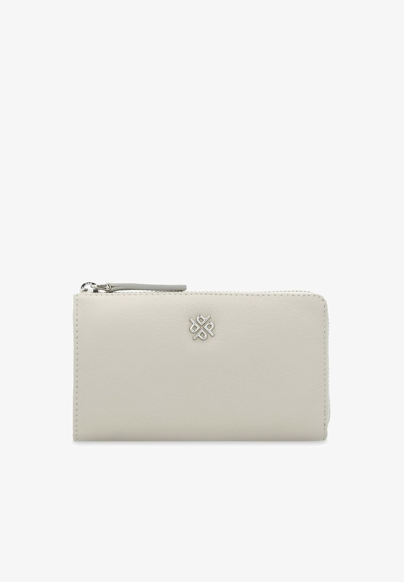White leather wallet with a smooth texture, featuring a silver logo accent and a zip closure along the top edge. Secured stitching detail.