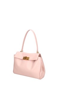 Borsa a tracolla in pelle rosa con forma strutturata, chiusura a pattina e chiusura in tonalità oro. Presenta un manico superiore singolo e una texture liscia.