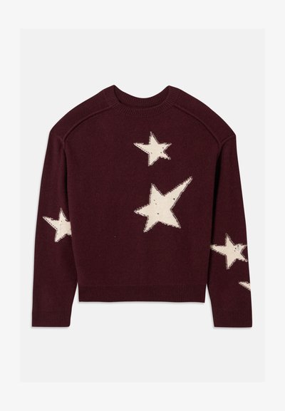 Maroon crewneck sweater featuring five irregular white stars in various sizes on front and sleeves.