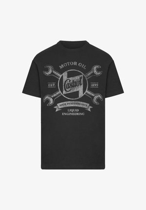 Black T-shirt with a vintage Castrol motor oil logo, two crossed wrenches, and text reading "High Performance Liquid Engineering."