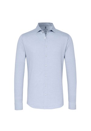 Hellblaues Langarmhemd mit klassischem Kragen, vorderer Knopfleiste und abgerundetem Saum. Hergestellt aus weichem Baumwollstoff.