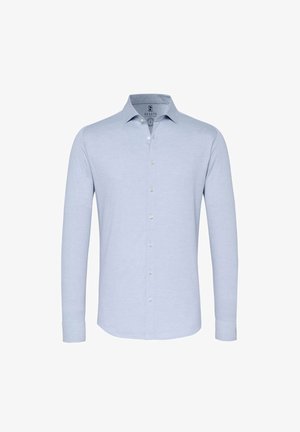 Hellblaues Langarmhemd mit klassischem Kragen, vorderer Knopfleiste und abgerundetem Saum. Hergestellt aus weichem Baumwollstoff.