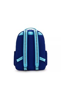 Marineblauwe rugzak met twee turquoise schouderbanden, een bovenhandvat, zijvakjes en een gladde textielafwerking. Beschikt over contrasterende accenten.