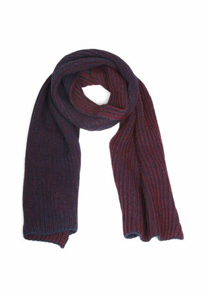Strickschal in Dunkelrot und Marineblau, mit gerippter Textur und länglicher Form, ideal für Wärme und Stil in kühlerem Wetter.