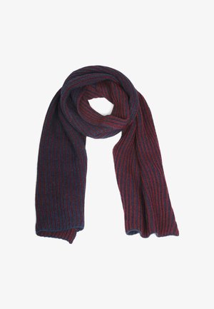 Strickschal in Dunkelrot und Marineblau, mit gerippter Textur und länglicher Form, ideal für Wärme und Stil in kühlerem Wetter.