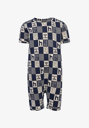 Marinblå bomullskortärmad jumpsuit med krämfärgade geometriska mönster, inklusive bokstäver och siffror, med rund halsringning och tryckknappar.
