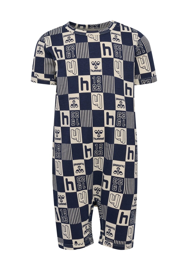 Marineblauw katoenen romper met korte mouwen, versierd met crème kleurige geometrische patronen, waaronder letters en cijfers, met een ronde halslijn en drukknoopsluiting.
