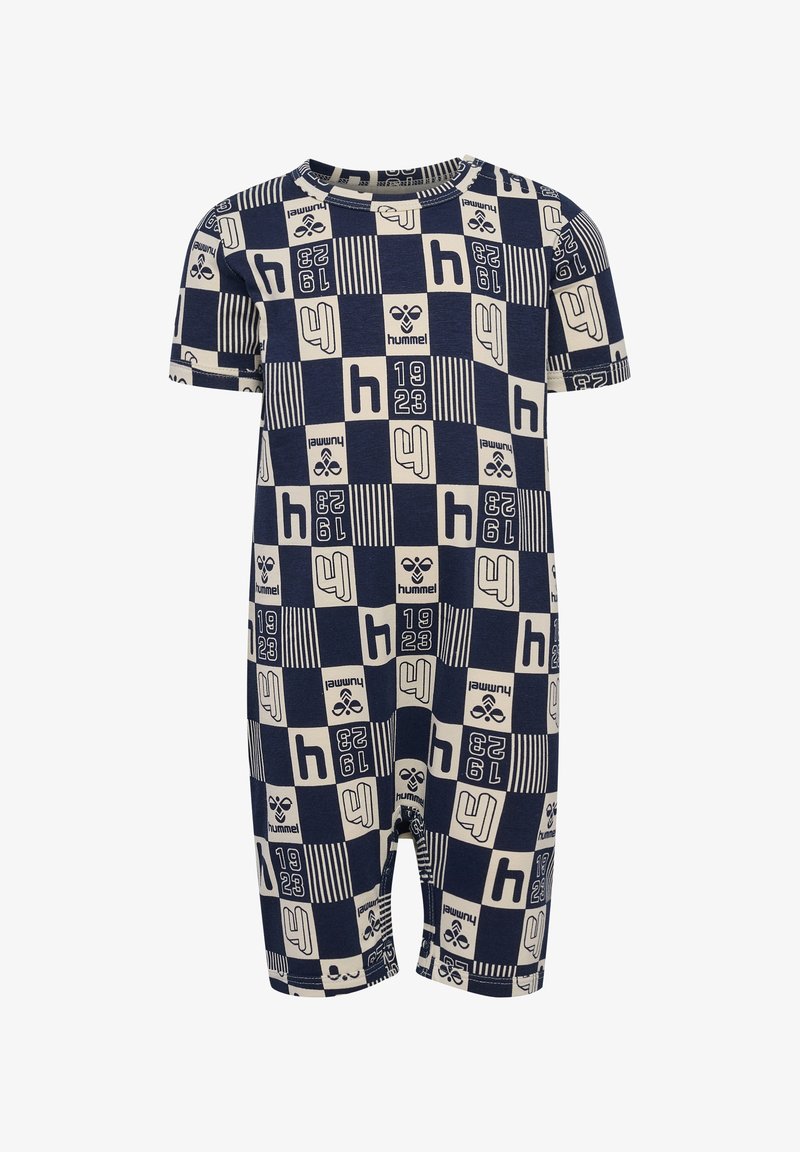 Marinblå bomullskortärmad jumpsuit med krämfärgade geometriska mönster, inklusive bokstäver och siffror, med rund halsringning och tryckknappar.