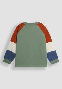 Grünes Langarmshirt mit roten, weißen und blauen Raglanärmeln. Baumwollmaterial mit Rundhalsausschnitt und gerippten Bündchen.