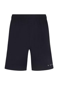 Fekete sportnadrág elasztikus derékrésszel, térd hosszúságú fazonnal és kis logóval a szegély közelében. Simább textúra és könnyű anyag.