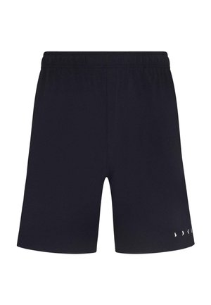 Black athletic shorts with an elastic waistband, knee-length design, and small logo detail near the hem. Smooth texture and lightweight material.