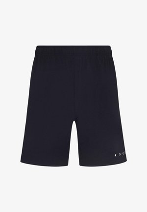 Juodi sportiniai šortai su elastinga juosta, iki kelių ilgio dizainas ir mažas logotipas prie krašto. Lygus paviršius ir lengvas audinys.