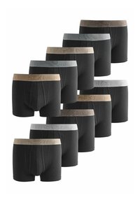 Sada deseti párů boxerek z černé látky, s elastickými pásky v světle šedé a béžové barvě s potiskem "NEXT".