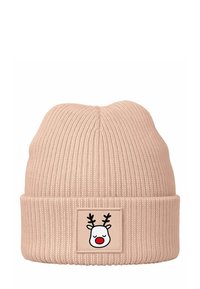 Knit blush beanie with a folded cuff. Features a square patch depicting a reindeer face with antlers and a red nose.