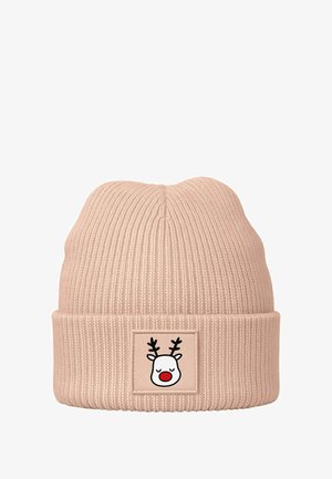 Knit blush beanie with a folded cuff. Features a square patch depicting a reindeer face with antlers and a red nose.