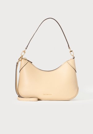 Bež kožna torba s zaobljenim vrhom, zlatnim patentnim zatvaračem, odvojivim dugim remenom i kratkom ručkom, sa malim Michael Kors logom.
